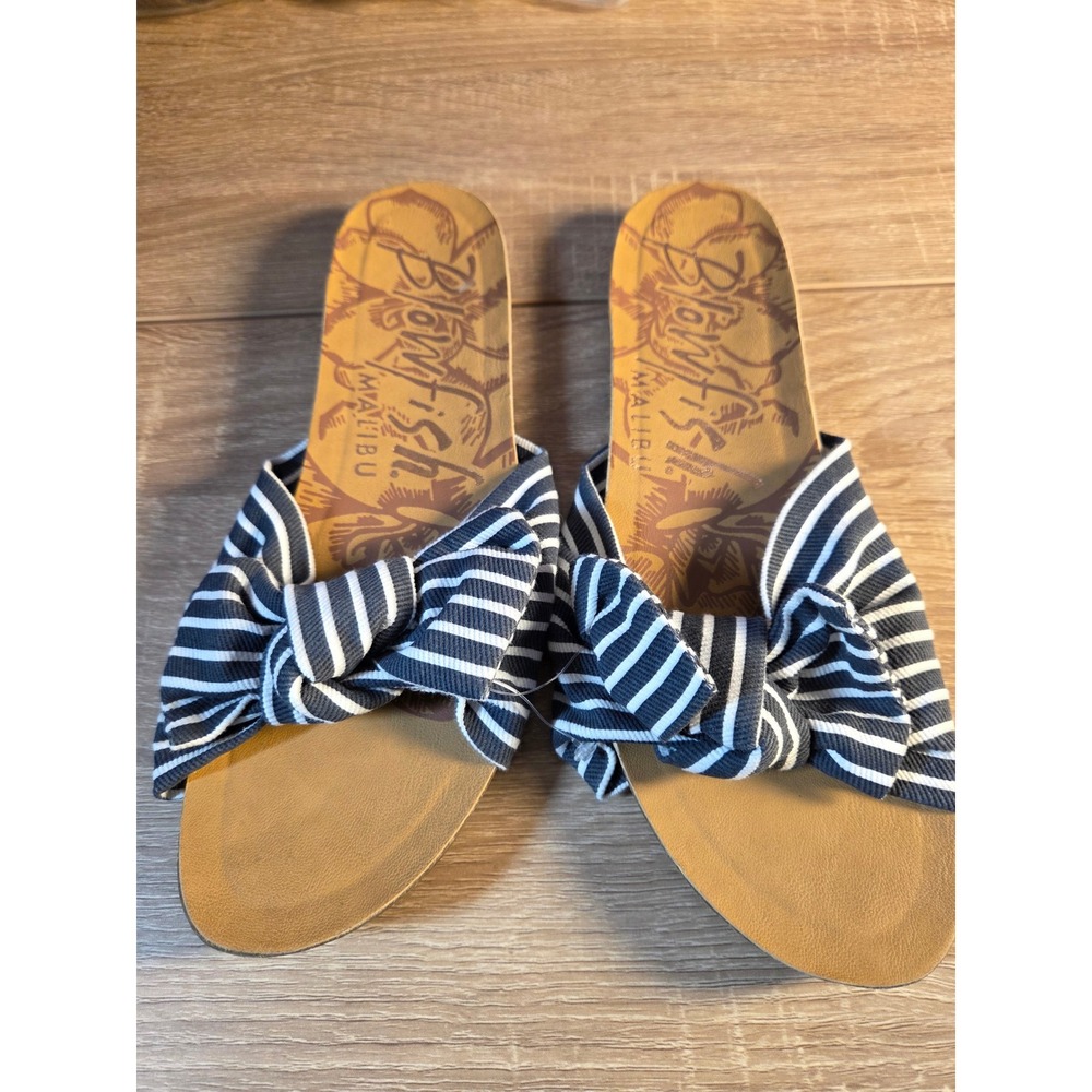Blowfish Malibu Women Striped Bow Slide Sandals Navy White Nautical Flats Size 9